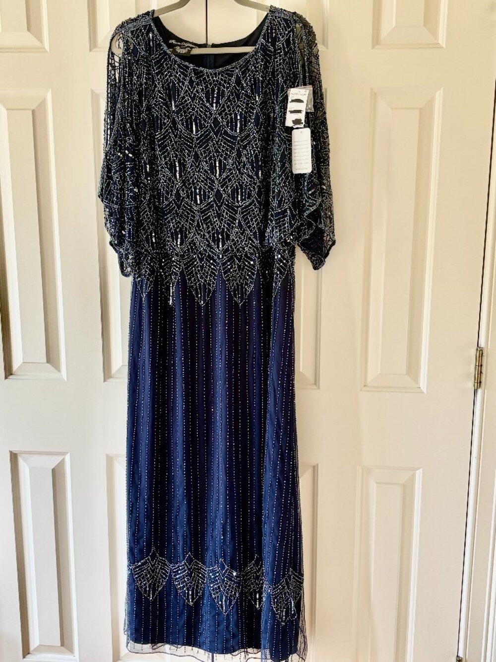 NWT Pisarro Nights Navy  Silver Beaded  Blouson  Maxi Dress Sz 14W